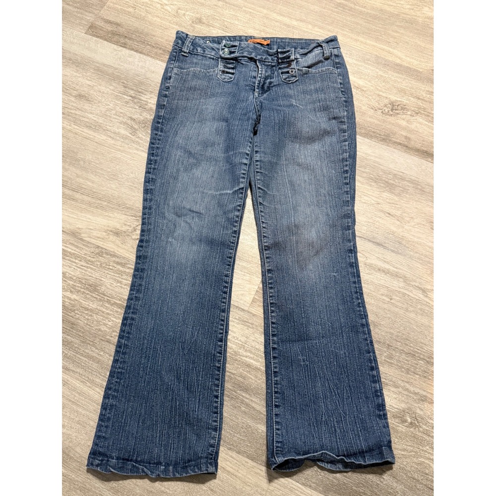 V Blue Jeans Womens Size 7/8 Medium Wash Flare Leg Y2K‎ Multi Button Denim Pants
